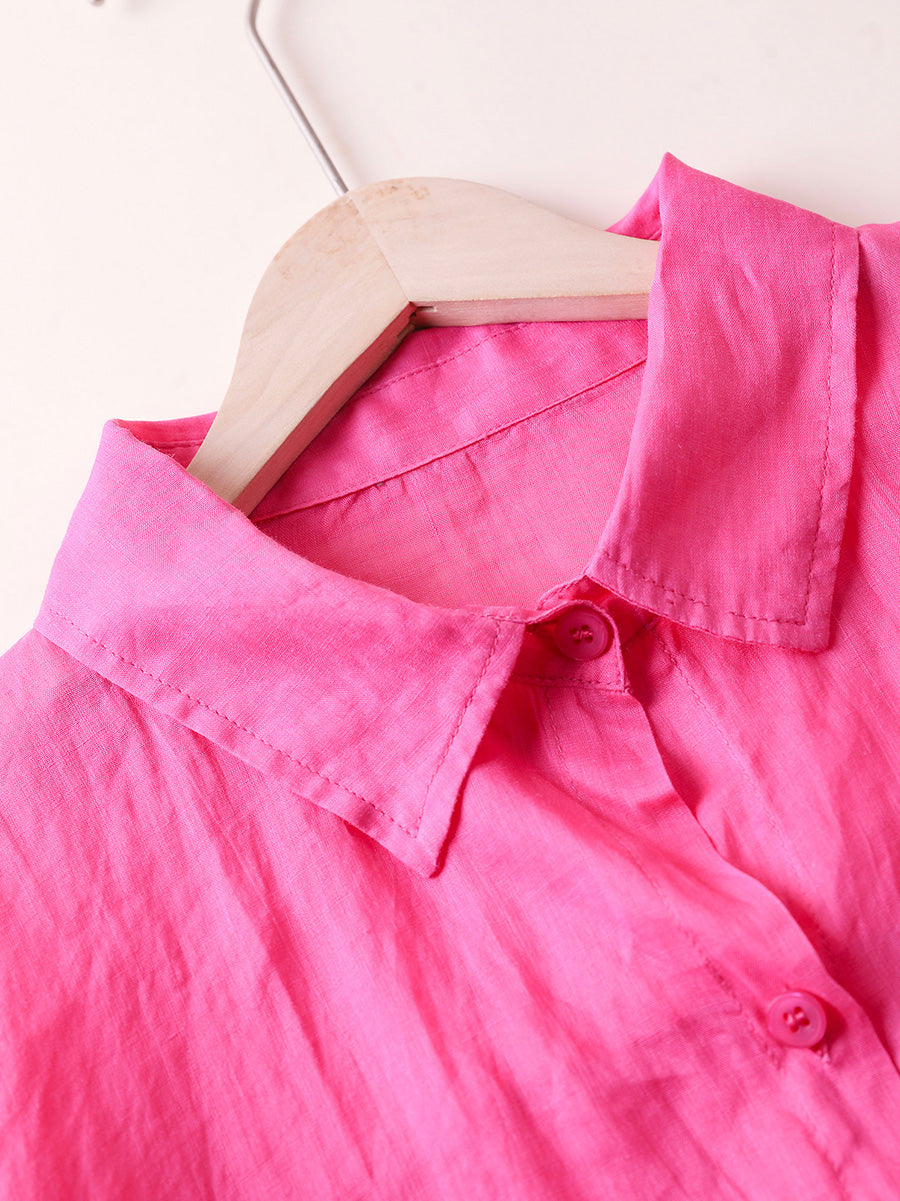 Women Summer Casual Pure Color Turn-down Collar 100%Ramie Shirt
