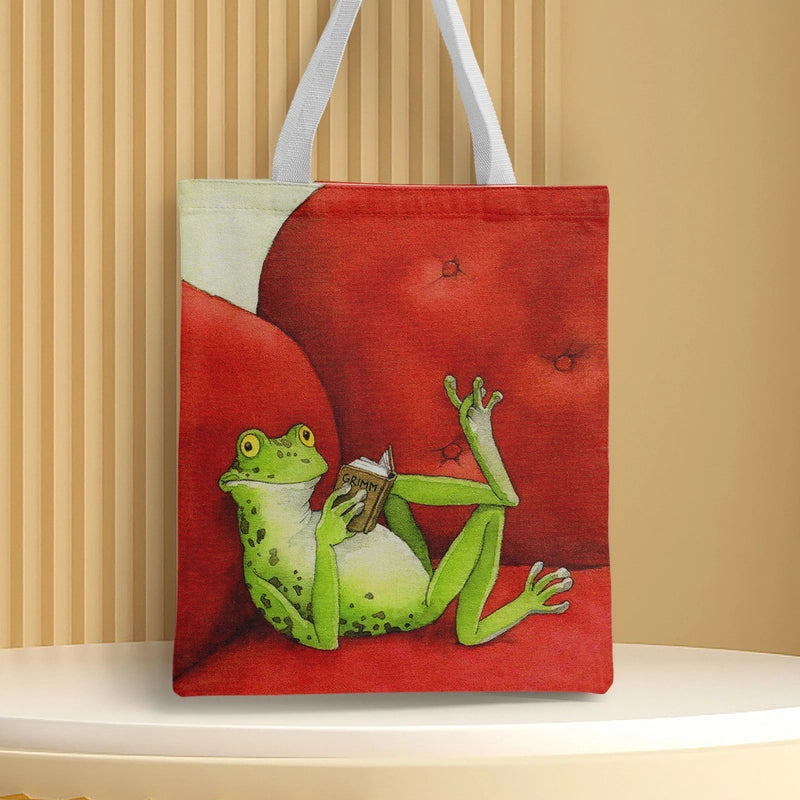 Women's Canvas Cartoon Frog Basic Classic Style Square Open Canvas Bag