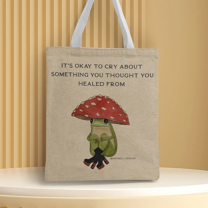 Women's Canvas Cartoon Frog Basic Classic Style Square Open Canvas Bag