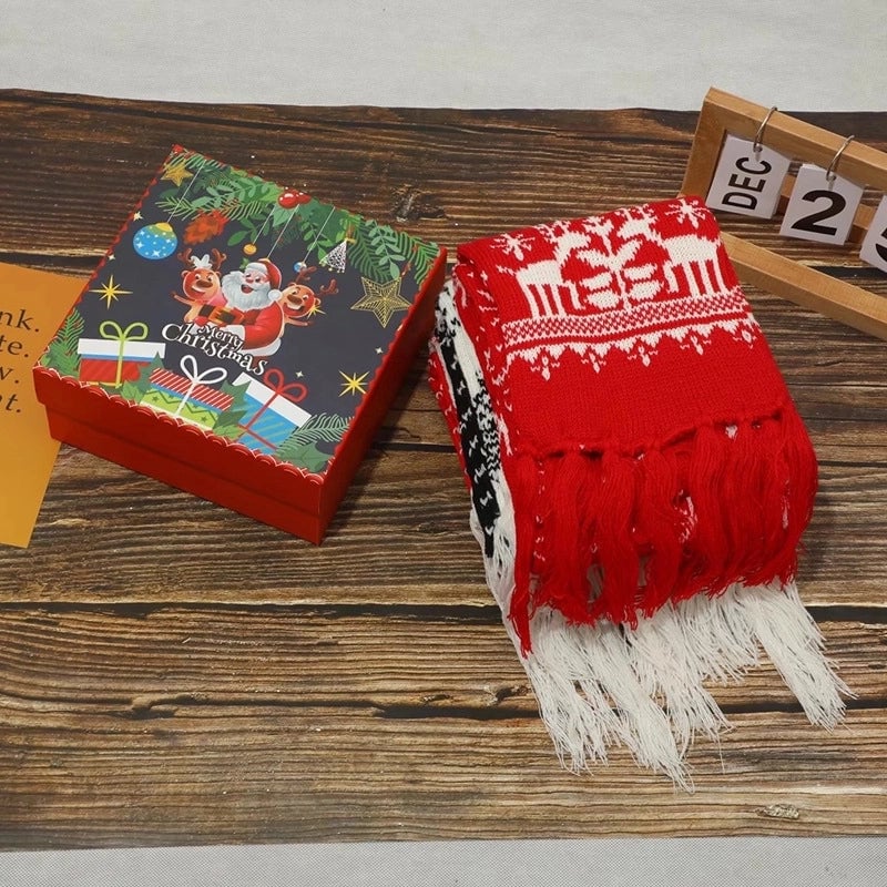 Gift Box Christmas Thickened Warm Festive Scarf New Year Red Men And Women Couple Scarf Wool Knitted Scarf