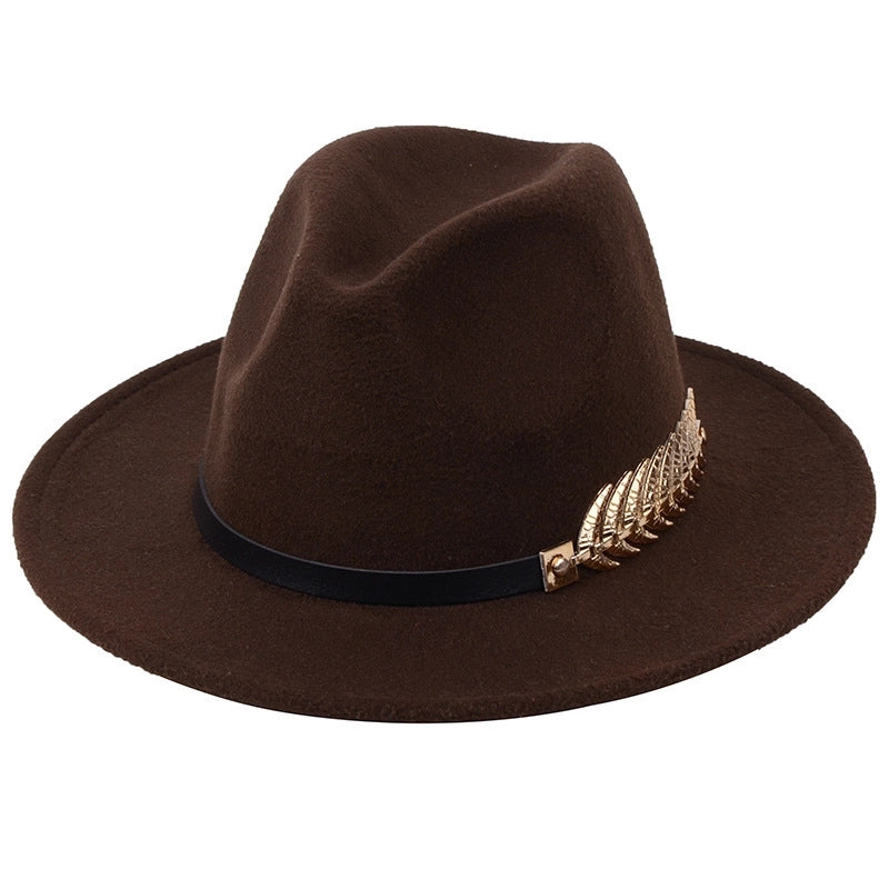 Metal Leaf Women's Woolen Hat Jazz Hat Autumn And Winter British Retro Top Hat Women