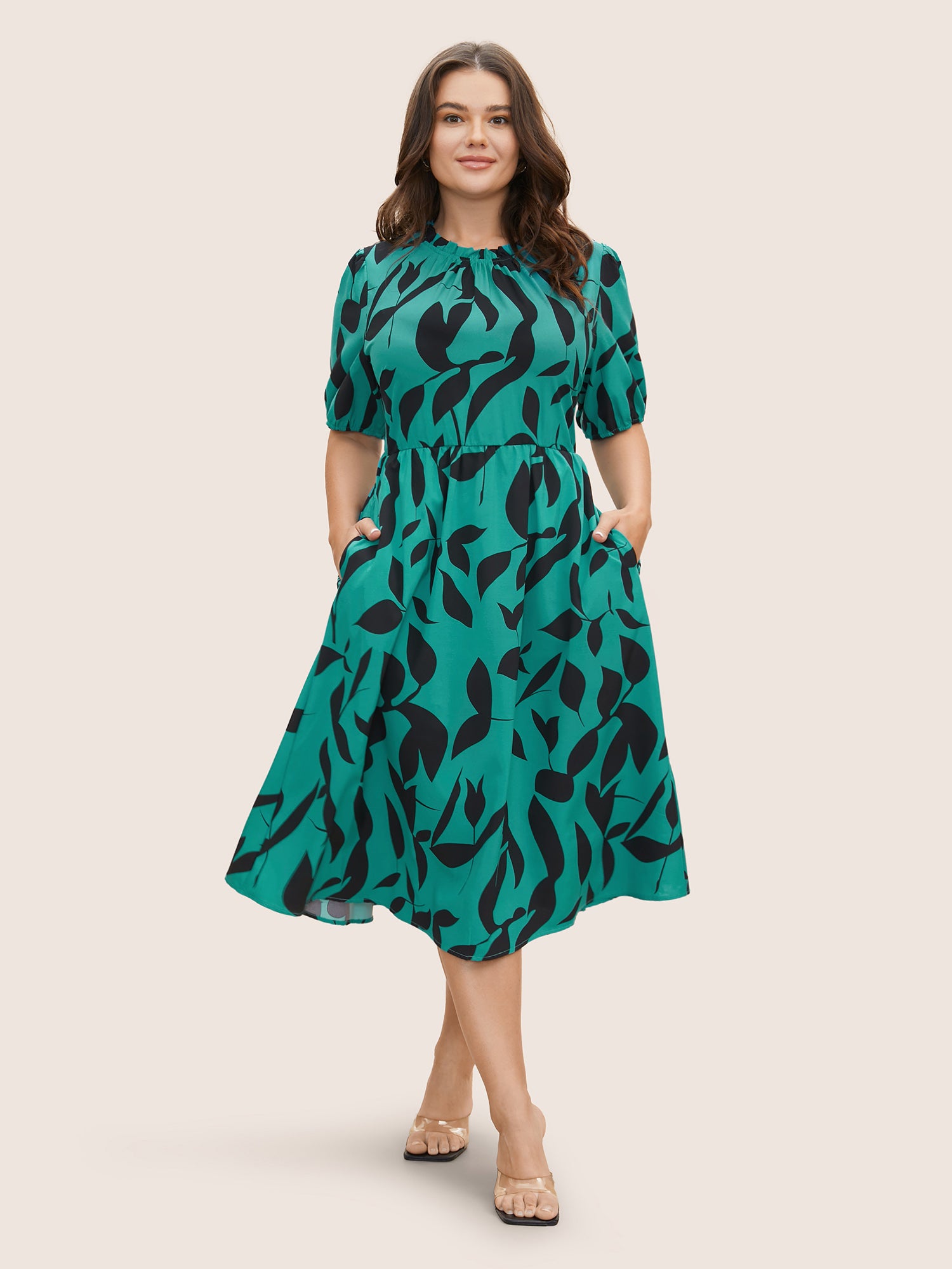 Silhouette Floral Print Mock Neck Midi Dress