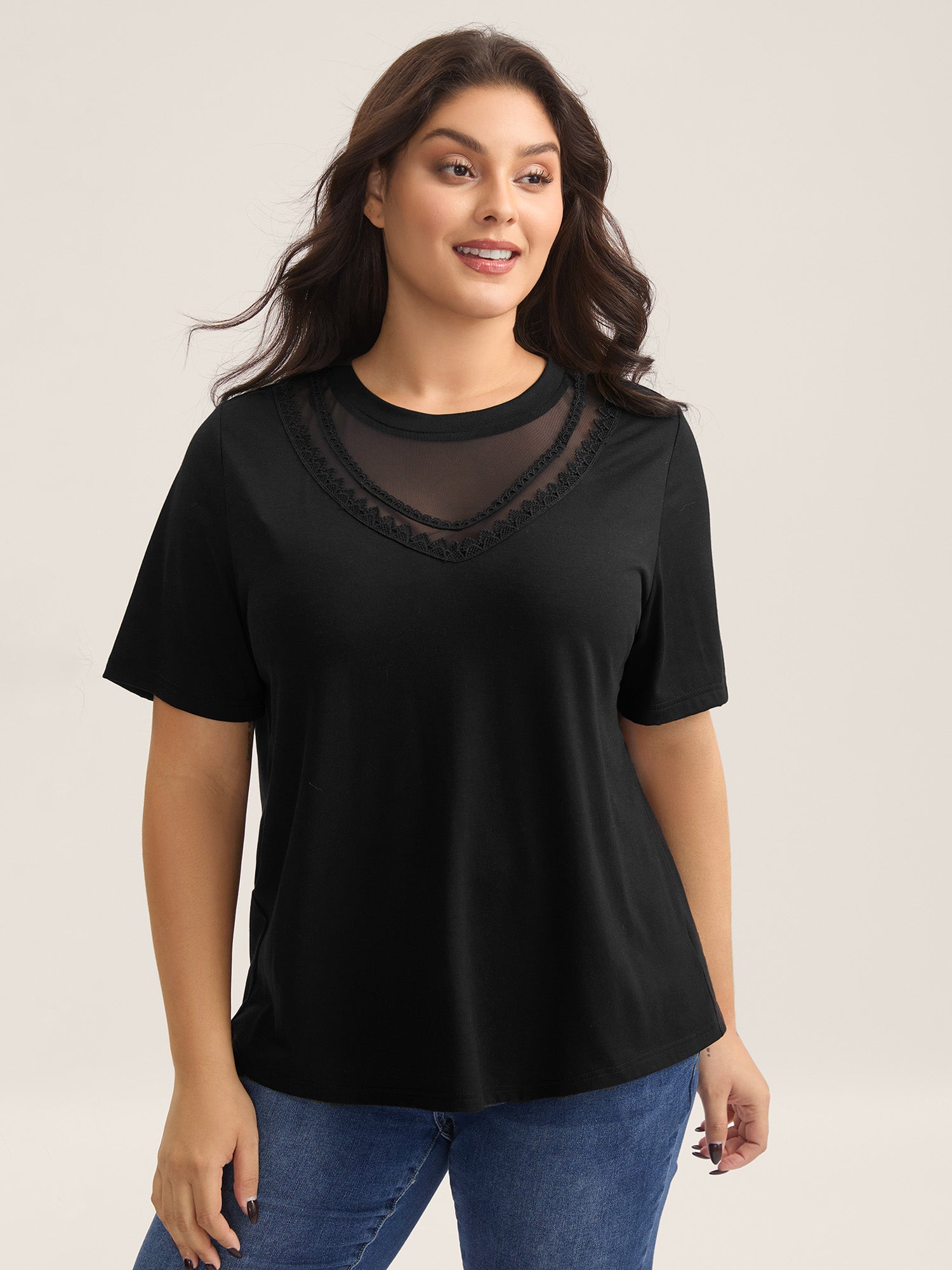 Sheer Neck Solid Panel T-Shirt