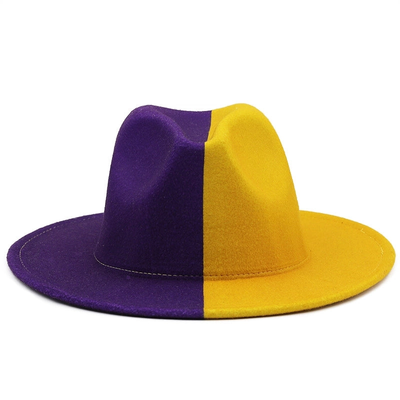 Yin And Yang Color Matching Woolen Felt Hat Autumn And Winter Party Fashion Flat-brimmed Jazz Hat