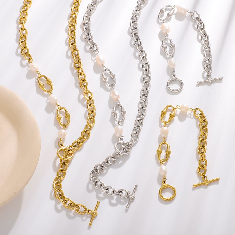 Trendy And Popular Chain Necklace Bracelet Set Stainless Steel Natural Pearl Ot Buckle