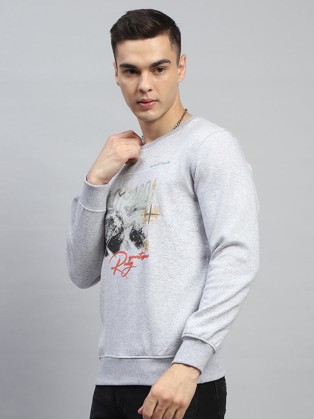 Men Grey Printed Round Neck Full Sleeve Sweatshirt