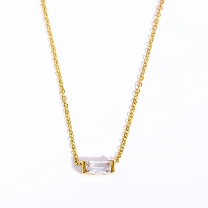 201 Stainless Steel Retro Inlay Rectangle Birthstone Zircon Pendant Necklace