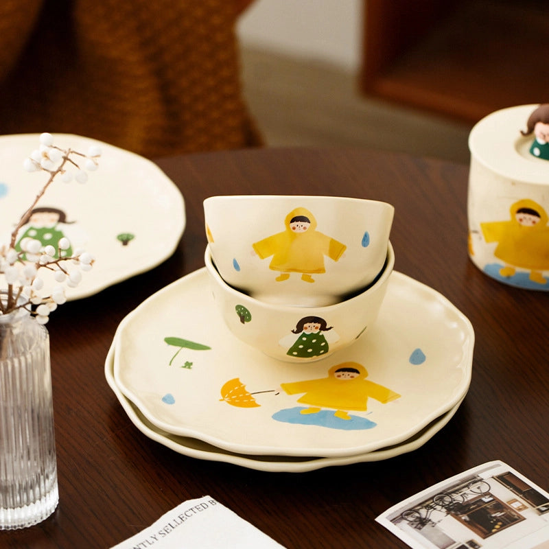 Vintage Girl's Dinner Plate Cute Plate Household Ceramic Plate Cartoon Plate Rice Bowl Small Bowl Mug With Lid