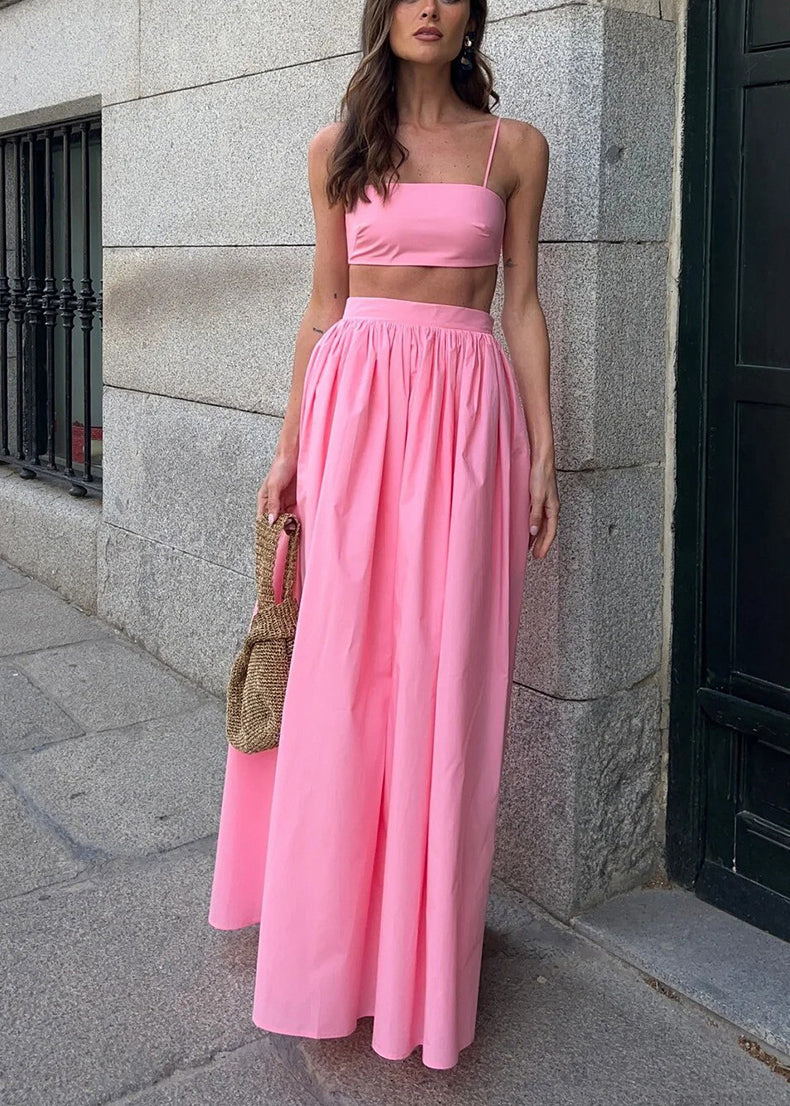 Fitted Pink Silm Fit Cotton Strapless Tops And Skirts Women Sets 2 Pieces Summer