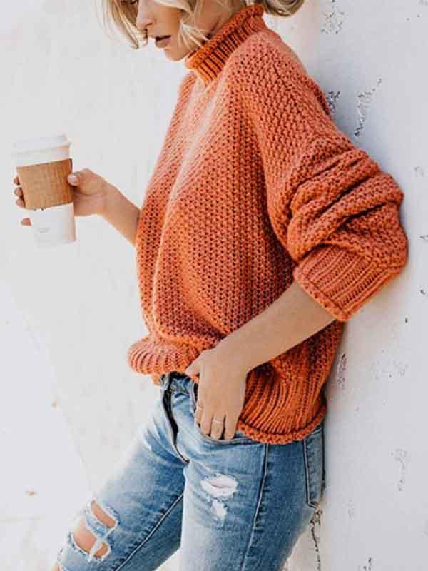 High Neck Solid Color Sweater