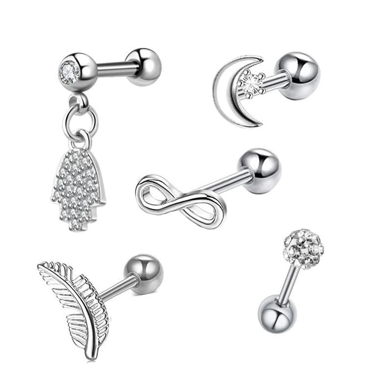 Minimalist Heart Shape Stainless Steel Plating Zircon Ear Studs 5 Piece Set