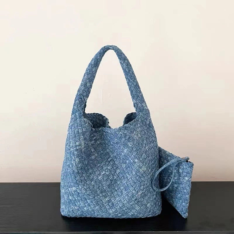 Women's Denim Solid Color Classic Style Weave Bucket Open Shoulder Bag
