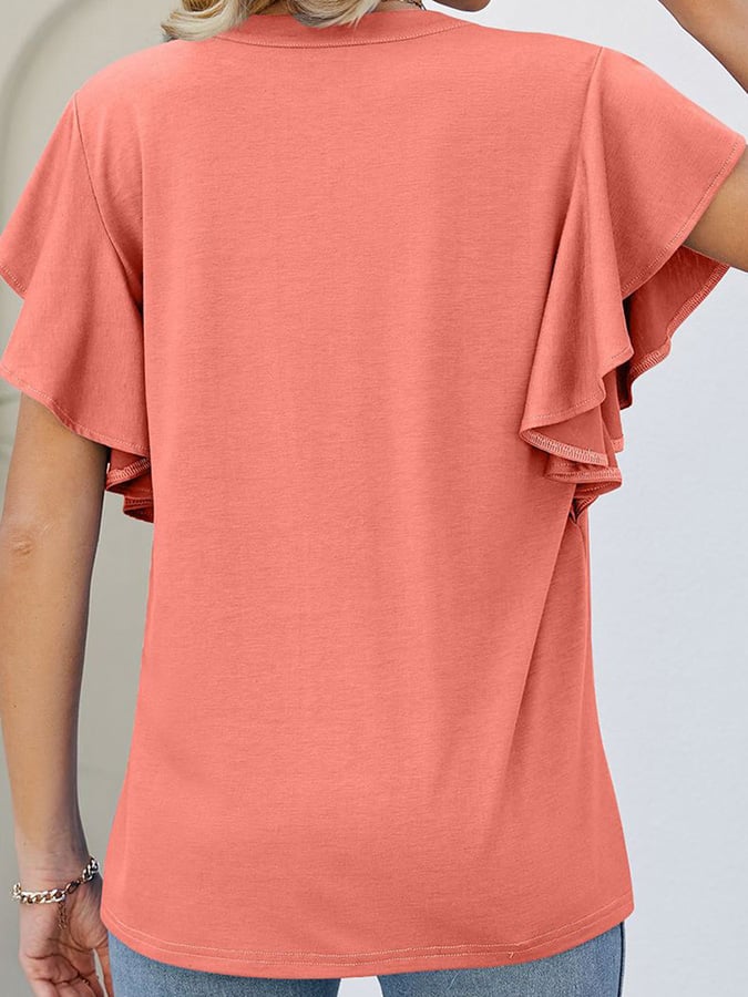 Solid V-neck Ruffled Short Sleeved Casual Top