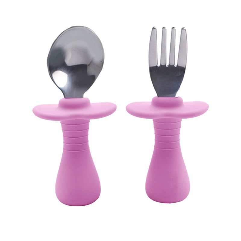 Baby Silicone Fork Spoon Children's Stainless Steel Training Short Fork Spoon Children's Tableware Set Portable Short Handle Fork Spoon