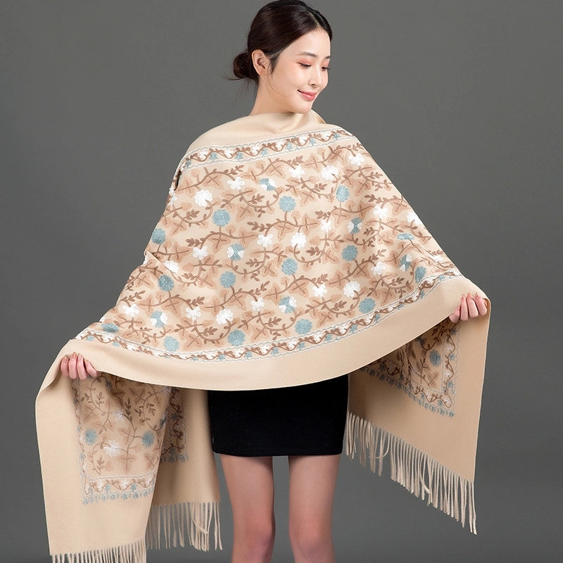 Embroidered Imitation Wool Cashmere Scarf Women's Autumn And Winter Cheongsam Air Conditioning Shawl Summer Outer Wear Multi-purpose Mother Style