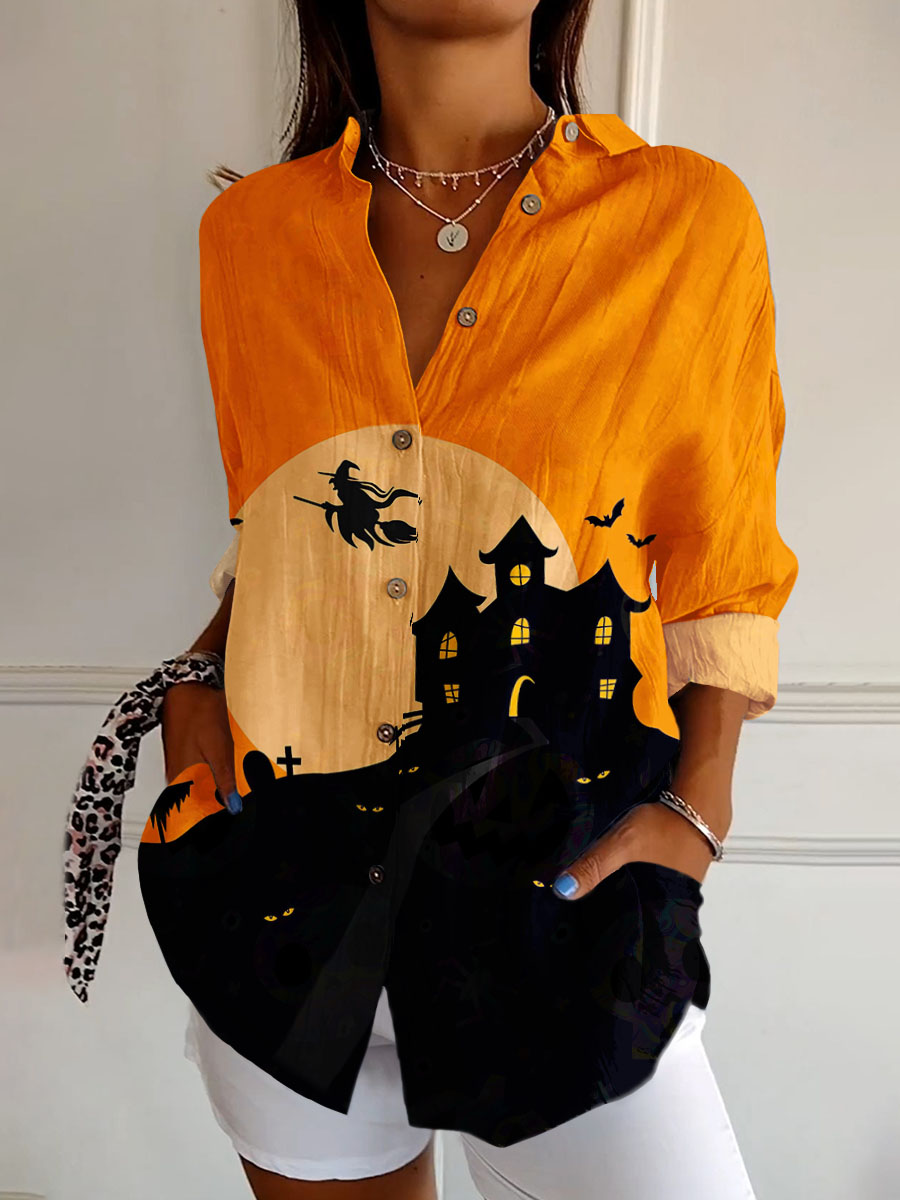 Halloween retro printed casual long sleeved shirt