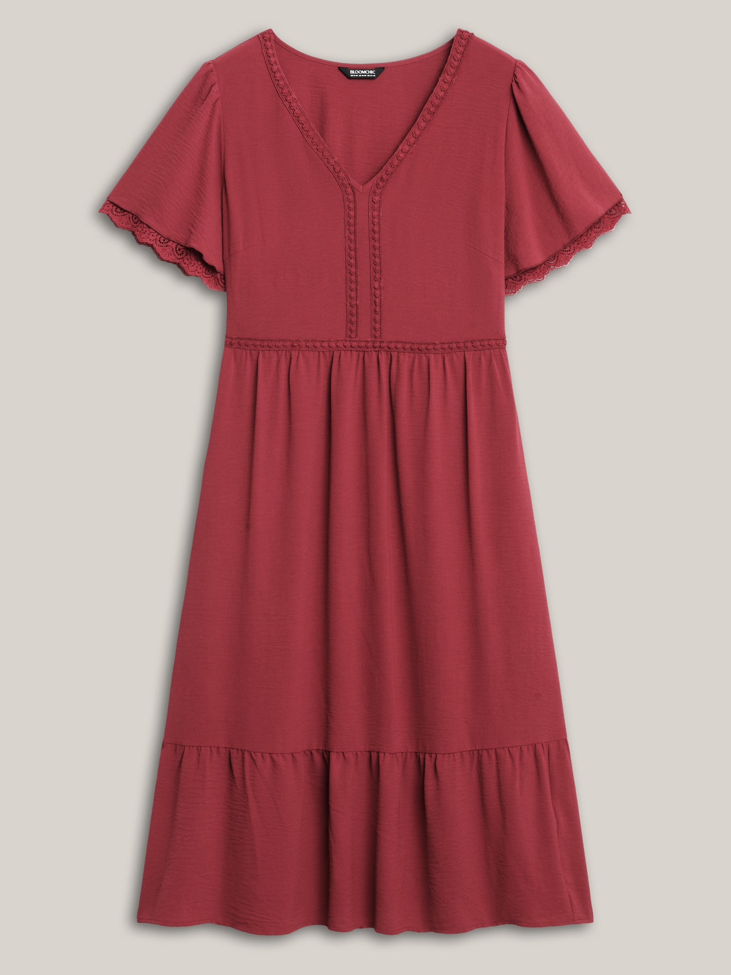 Lace Trim Neck Sheer Pockets Maxi Dress
