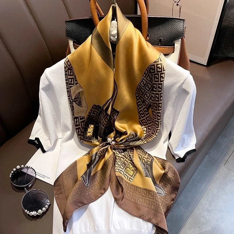 Fashion Light Luxury 90cm Simulation Silk Scarf Simple Striped Large Square Scarf
