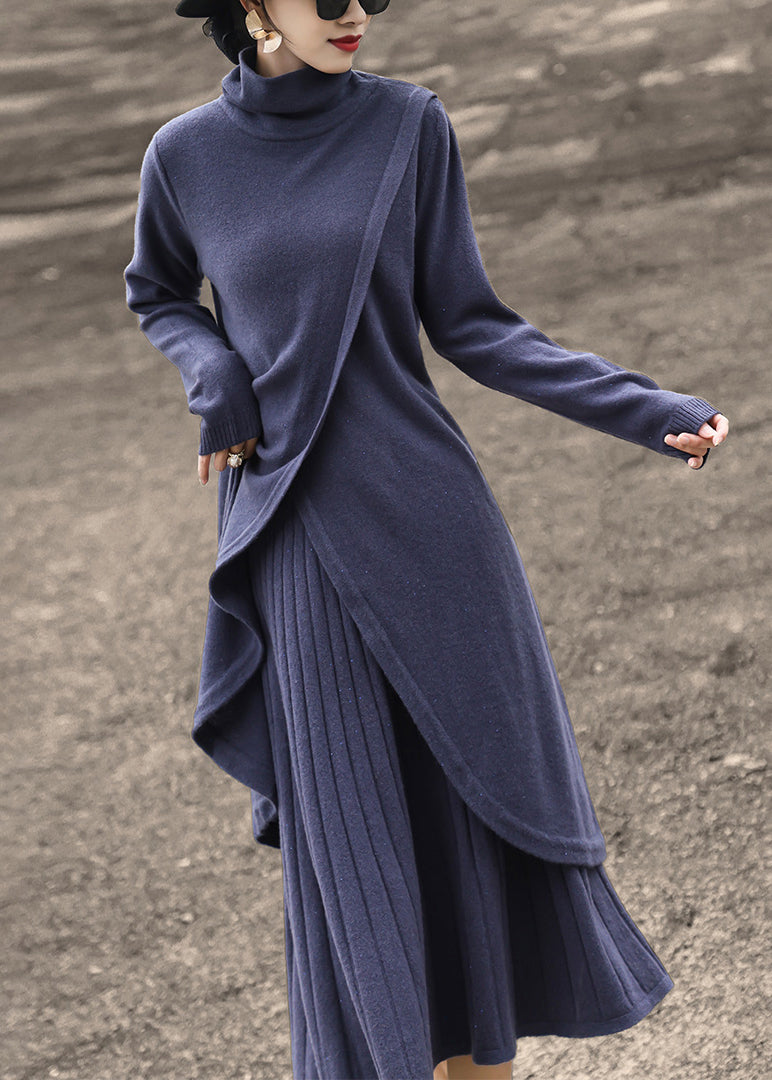 New Blue Turtleneck Tops And Skirts Wool Knit Two-Piece Set Spring