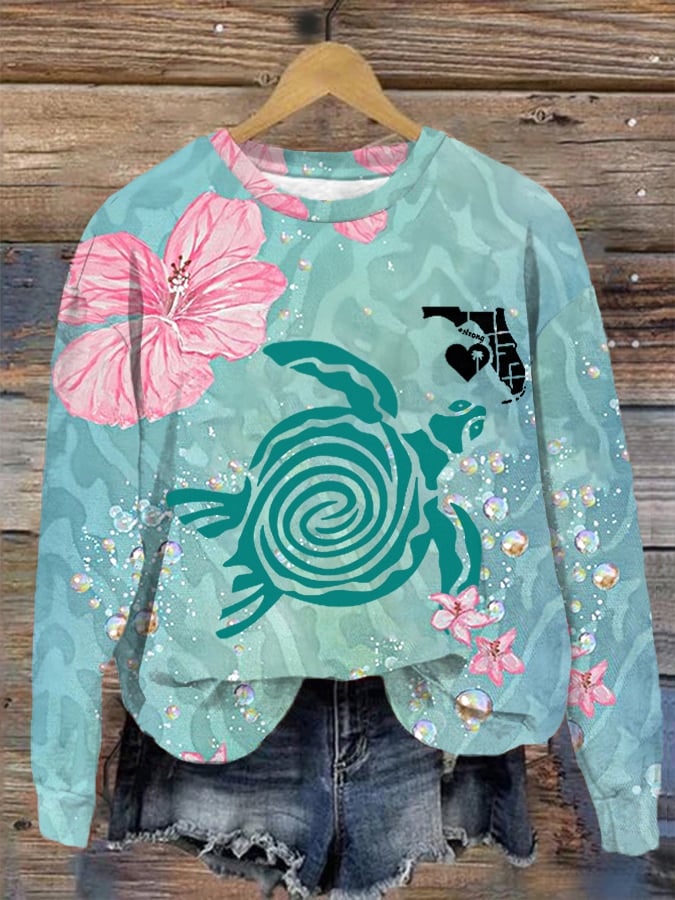 Women's Florida Strong Sanibel Island Seaturtle Print Sweatshirt