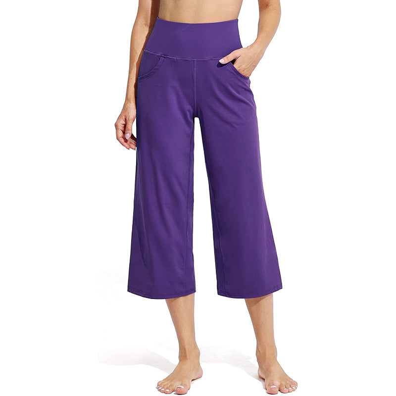 Women Wide Leg Yoga Capri High Waist Stretch Workout Sweatpants With Pockets Casual Straight Leg Pants