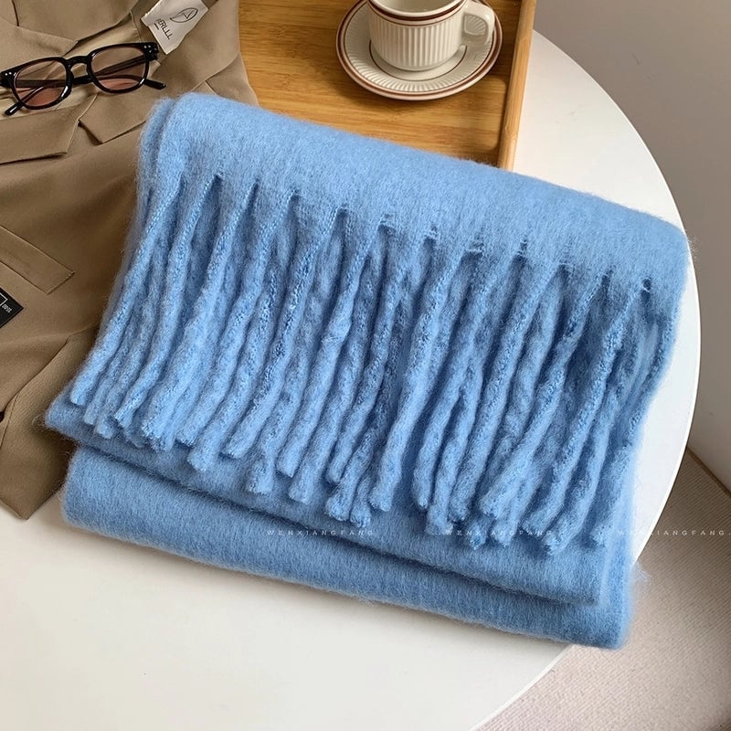 Solid Color Mohair Scarf For Women Autumn And Winter New Thick Braid Winter Student Shawl Scarf