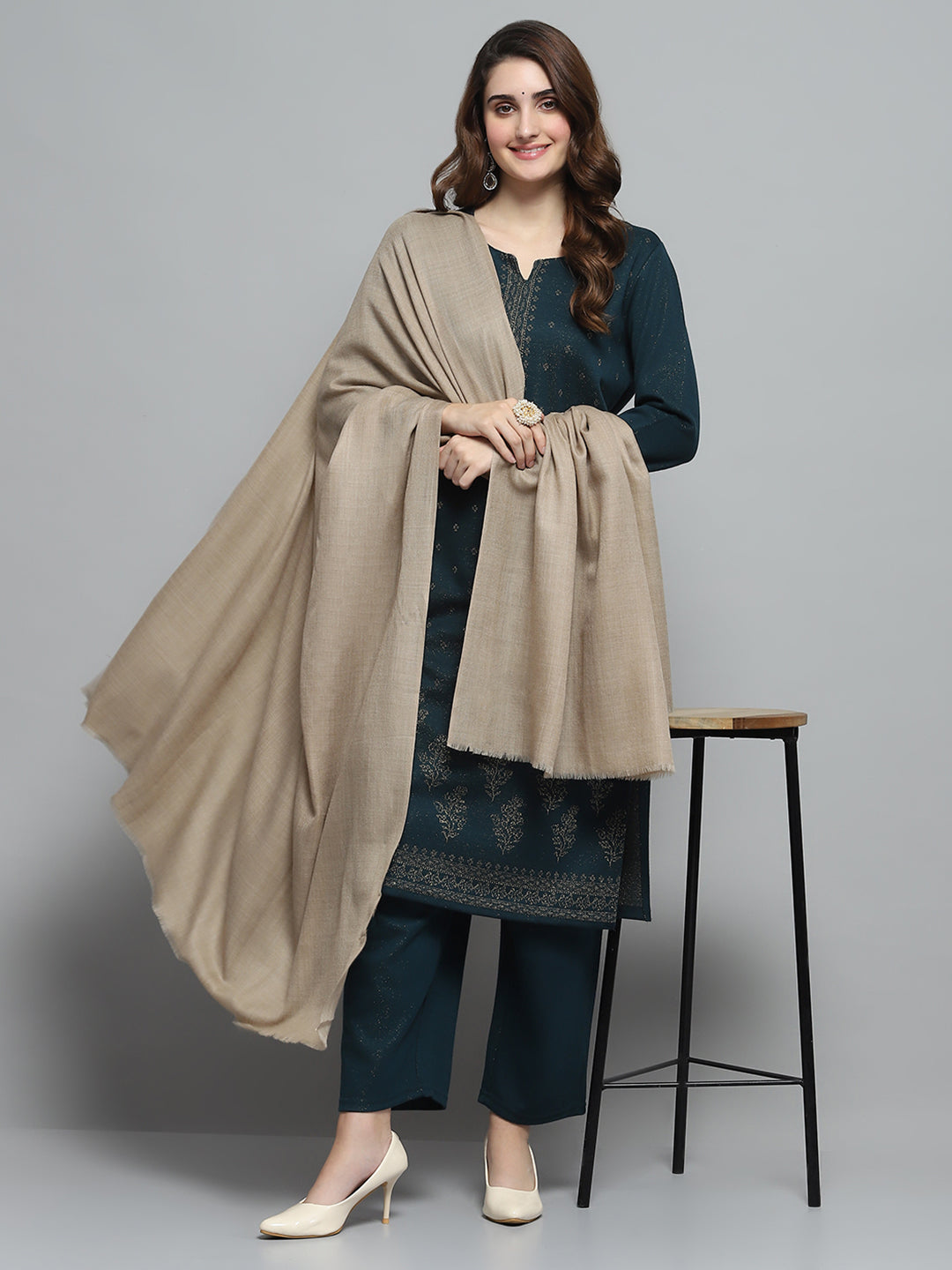 Women Beige Self Design Shawl