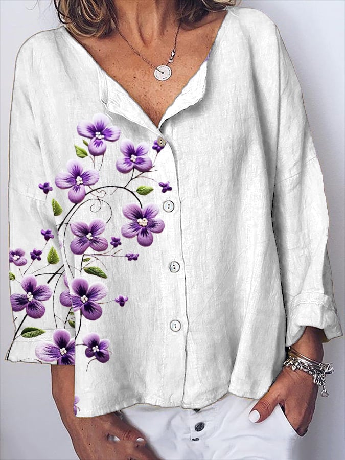 Women's Purple Floral Print Casual Cotton And Linen Top