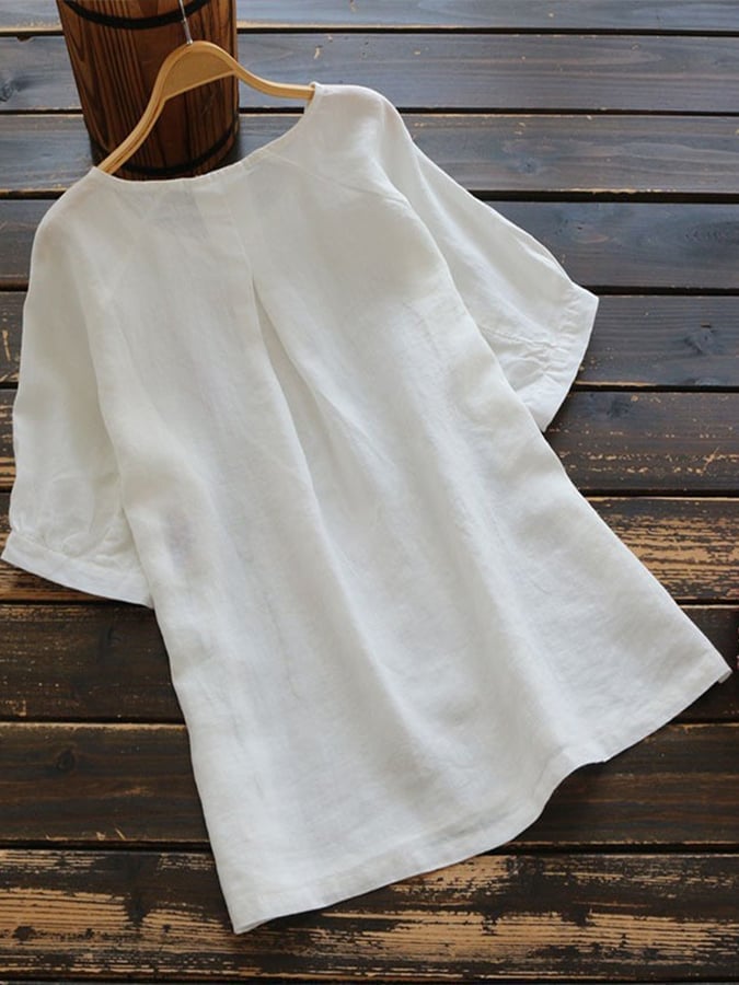 Women's Solid Color Patchwork Round Neck Cotton Linen T-shirt