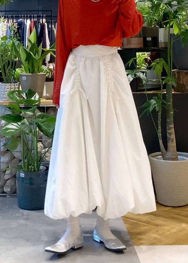 White Cotton Lantern Skirt High Waist Wrinkled Summer