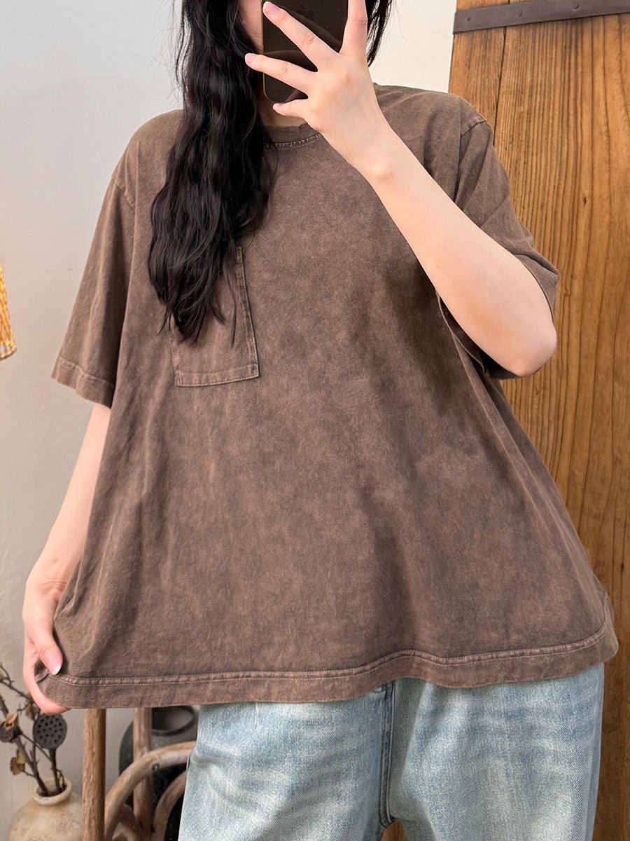 Women Summer Retro Pure Color Cotton O-Neck Shirt
