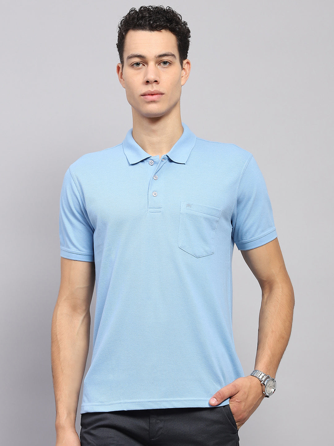 Men Sky Blue Solid Polo Collar Half Sleeve T-Shirt