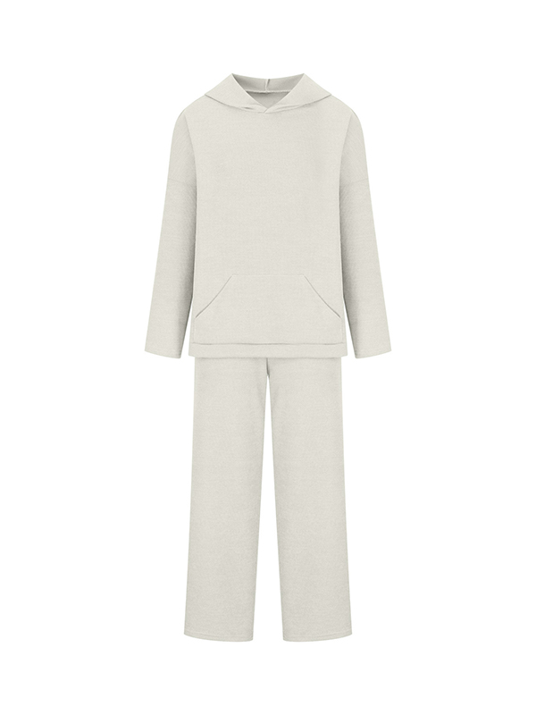 Loose Solid Color Round-Neck Hooded Long Sleeves Sweater Top + Drawstring Pants Bottom Two Pieces Set