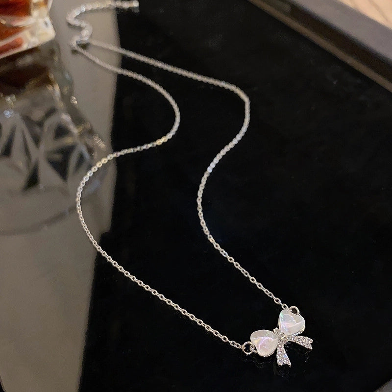 Modern Style Geometric Heart Shape Bow Knot Titanium Steel Copper Plating Inlay Zircon Pendant Necklace