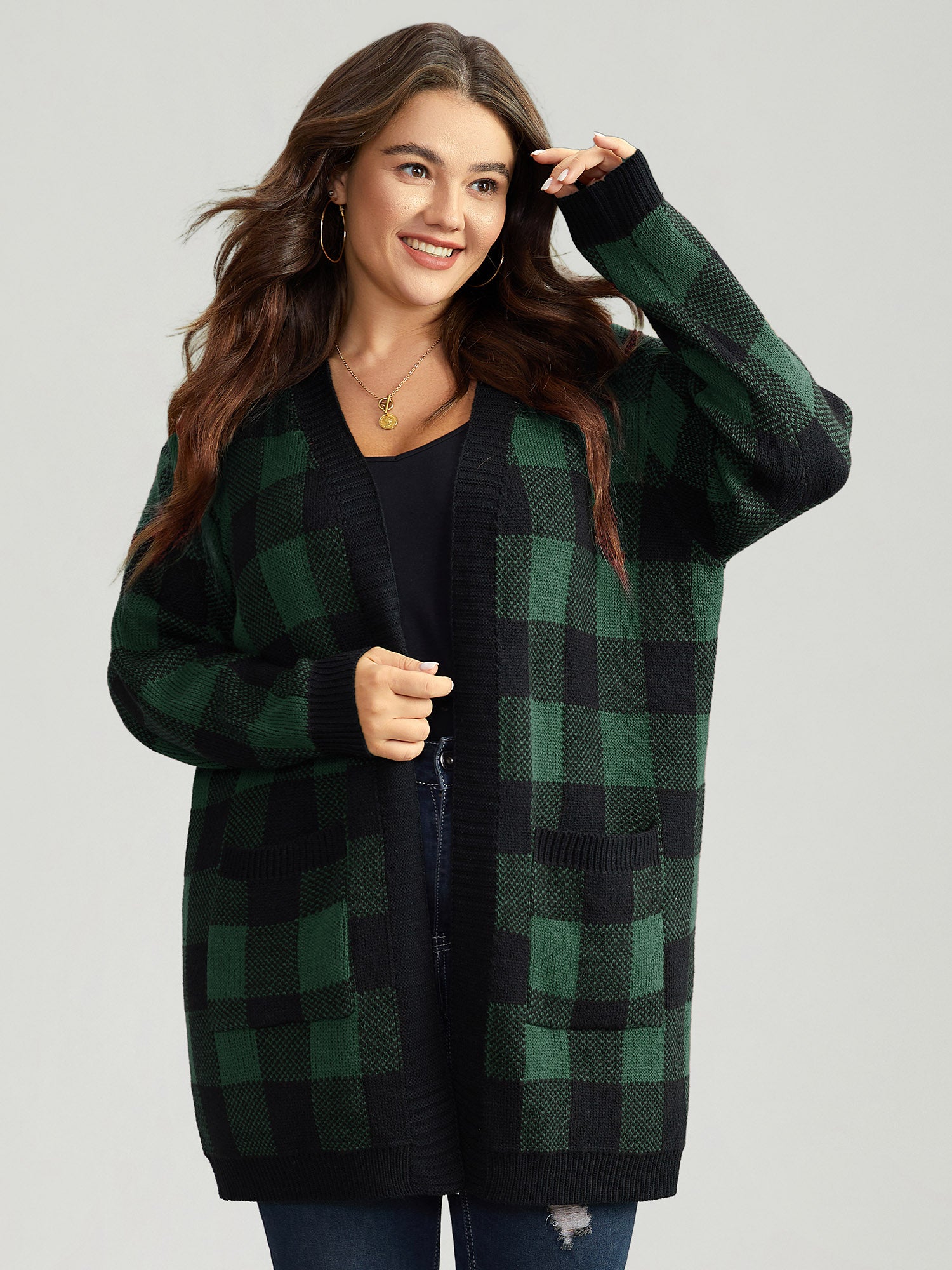 Plaid Patched Pocket Loose Cardigan