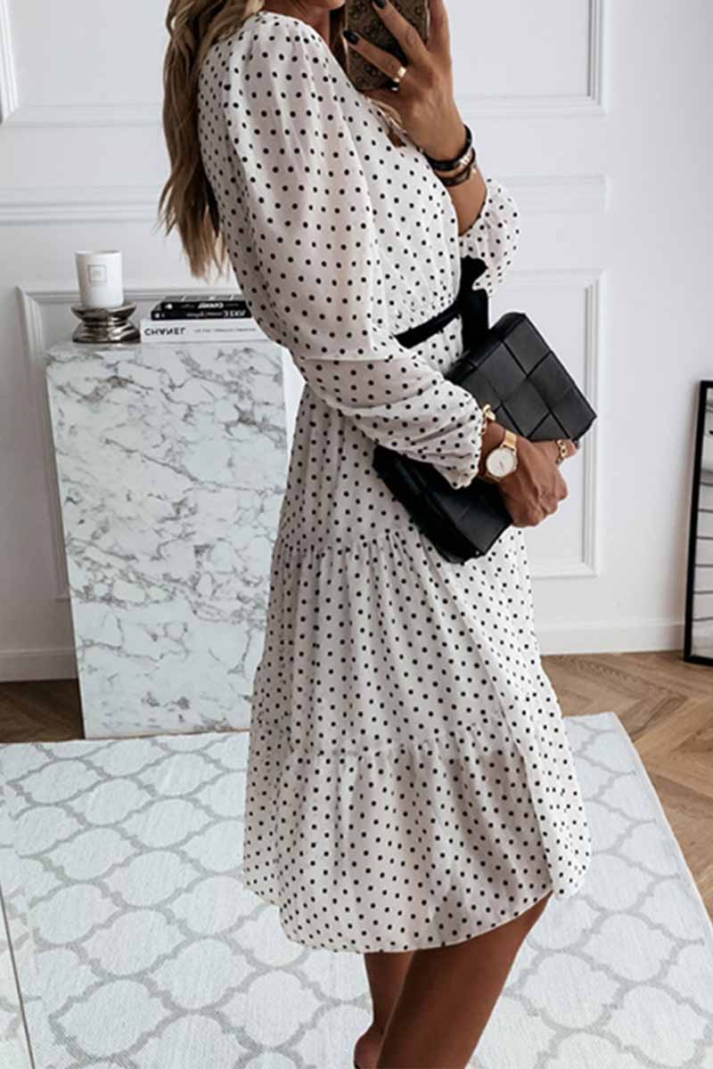 Florcoo Elegant White Black Dot Print Round Neck Tie Midi Dress