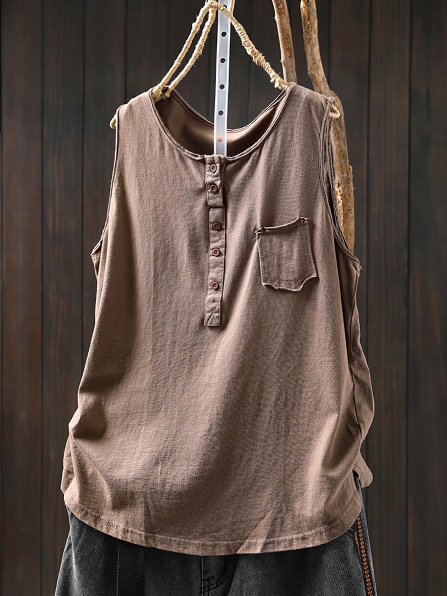 Women Summer Casual Pure Color O-Neck 100%Cotton Vest