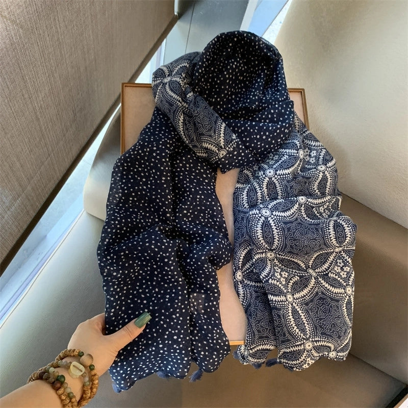 Women's Chinoiserie Retro Round Dots Polyester Printing Tassel Scarf