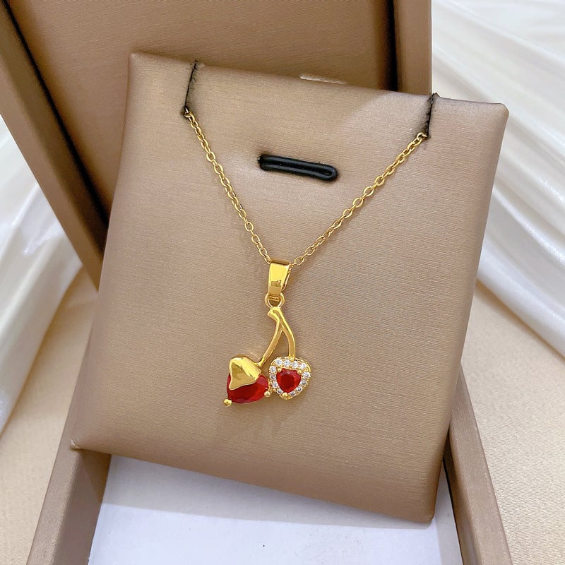 Love Cherry Full Diamond Fashion Gorgeous Full Diamond Necklace Women'S All-Match Clavicle Chain Titanium Steel