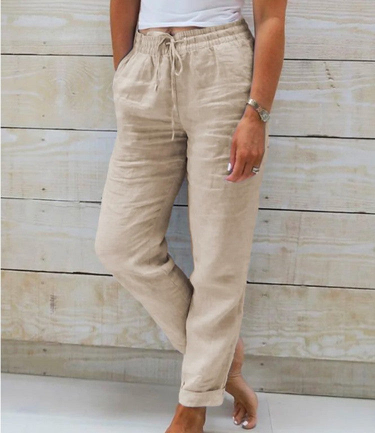 Women's high waist elastic waist solid color cotton and linen casual pants