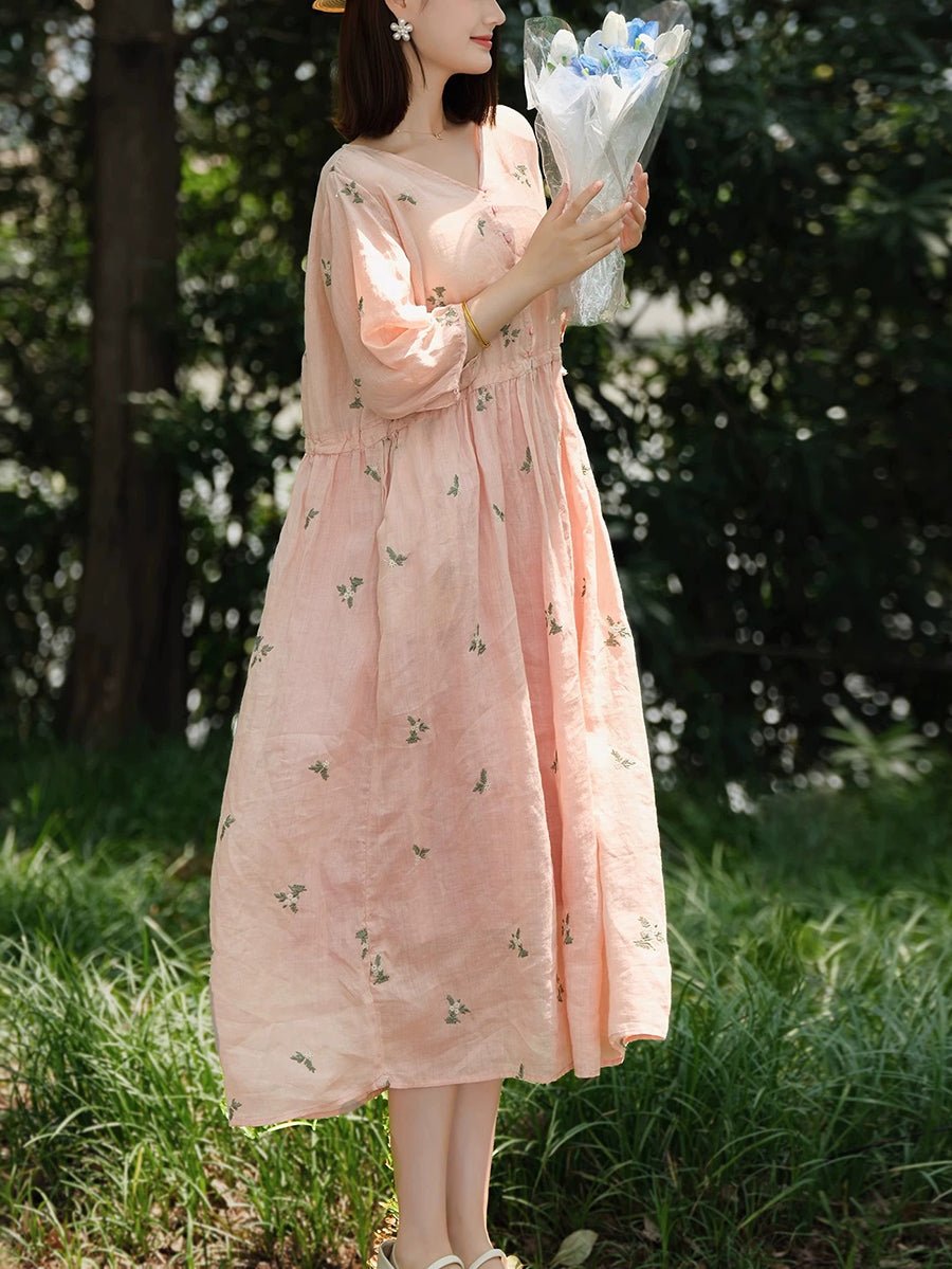 Women Summer Artsy Flower V-Neck 100%Ramie Dress