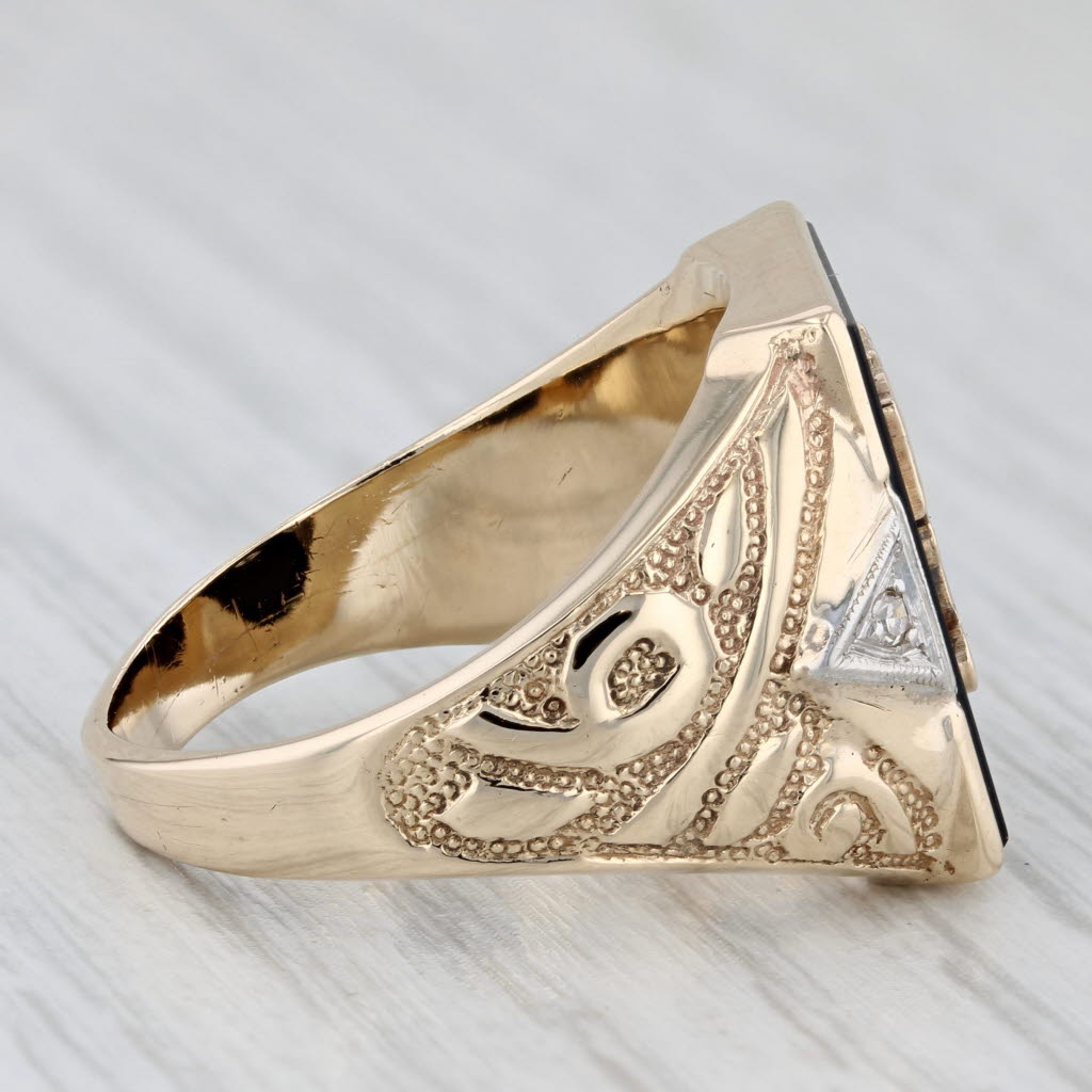 Letter Initial T Onyx Diamond Signet Ring 10k Yellow Gold Ornate Men's Size 9.75
