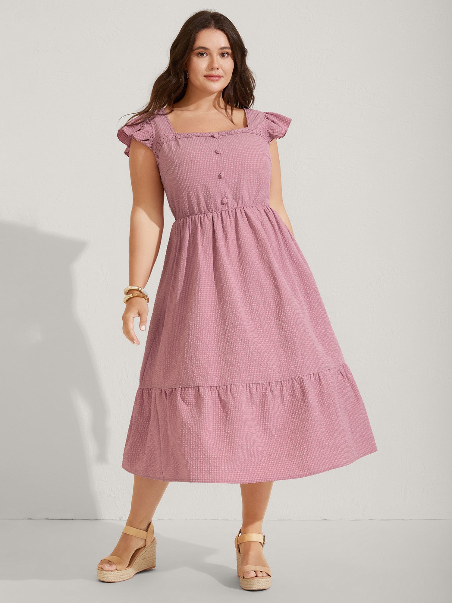 Lace Trim Button Detail Tiered Midi Dress