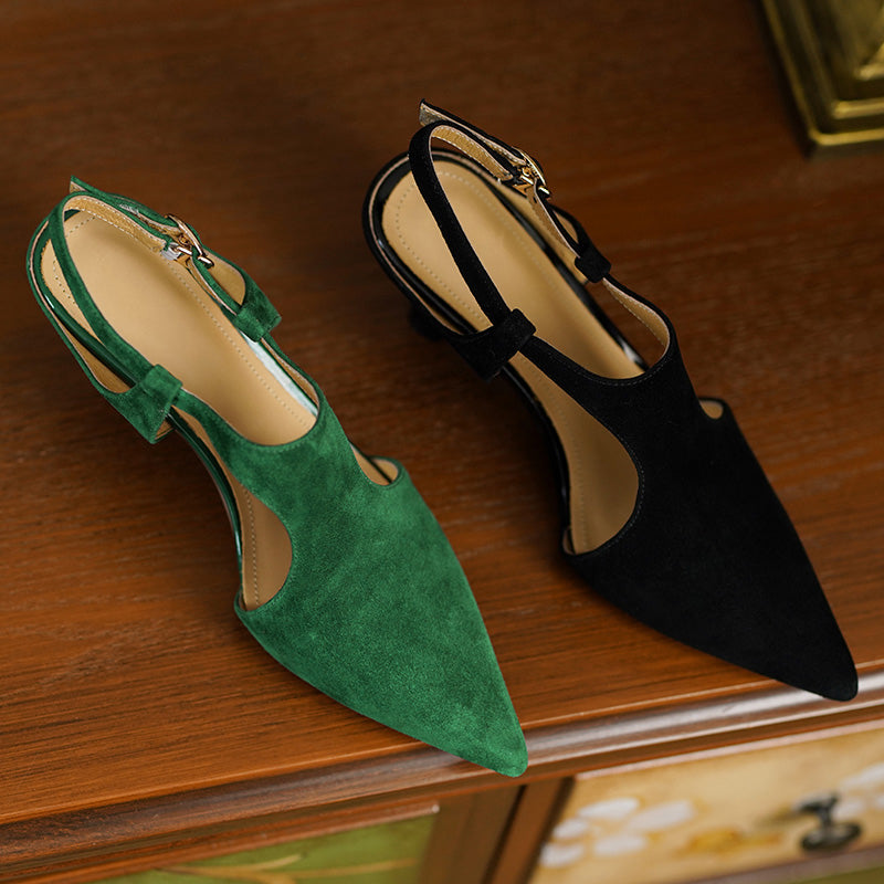Elegant Pointed Toe Suede Leather Slingback Pumps 70mm Kitten Heel with Buckle Strap in Black/Green