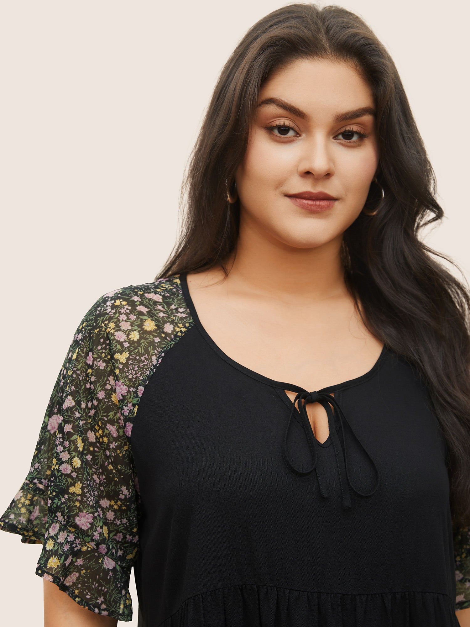Ditsy Floral Patchwork Ties Flutter Sleeve Blouse