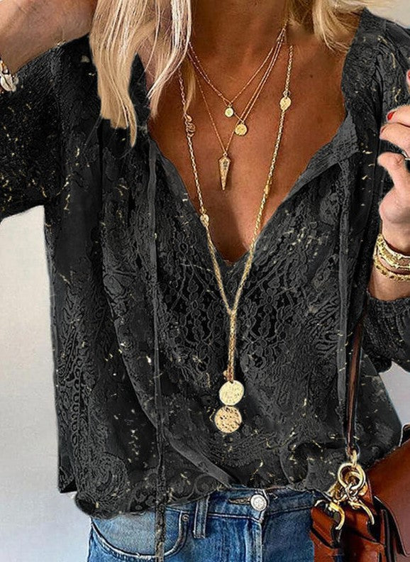 Printed Solid Color Lace Shirt