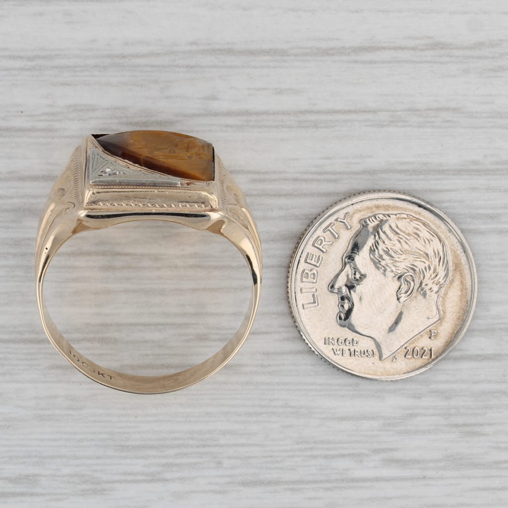 Vintage Intaglio Carved Tiger's Eye Ring 10k Gold Diamond Accent Size 9