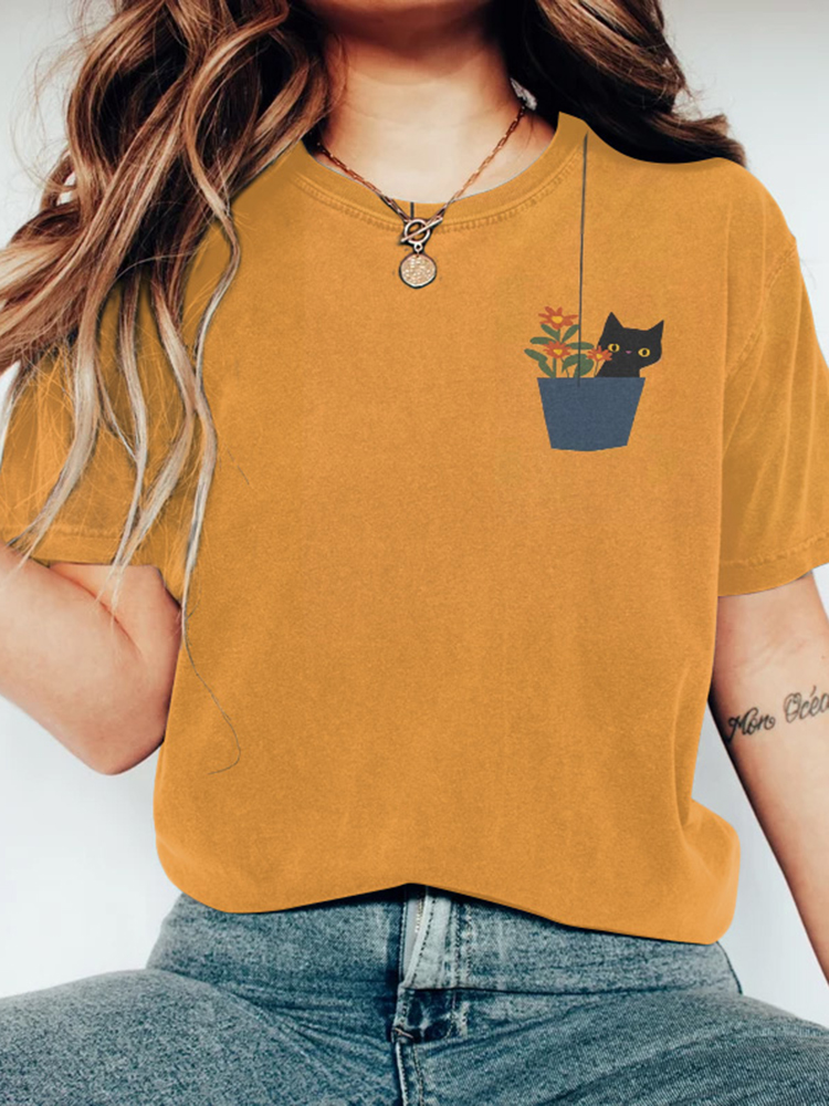 Cat In Flower Basket Print Round Neck Casual T-Shirt