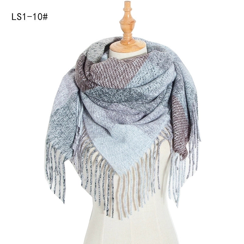 New Circle Yarn Stripe Plaid Polyester Long Tassel Bristle Square Scarf Female Men's Scarf Shawl