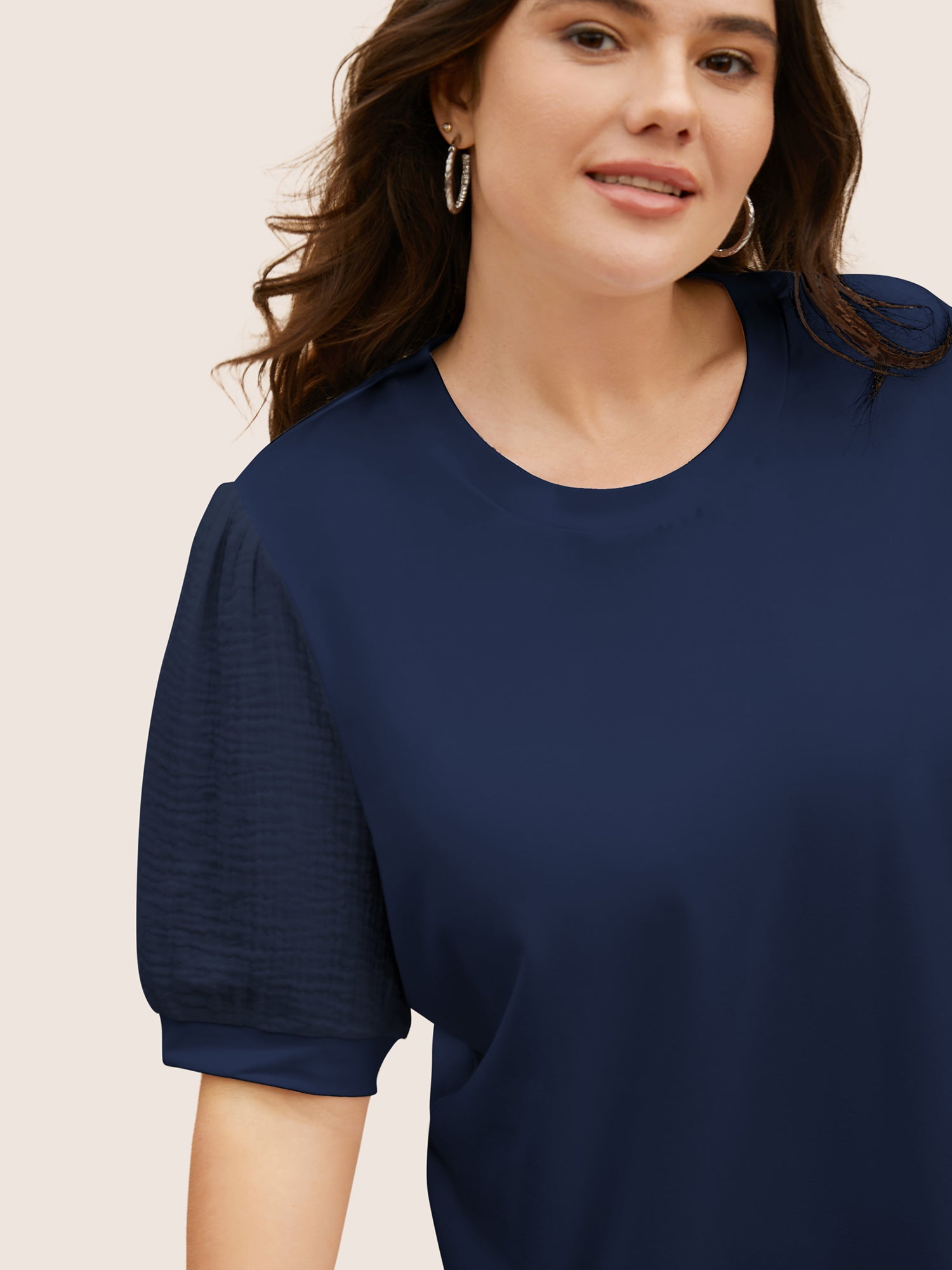 Plain Textured Patchwork Lantern Sleeve T-shirt